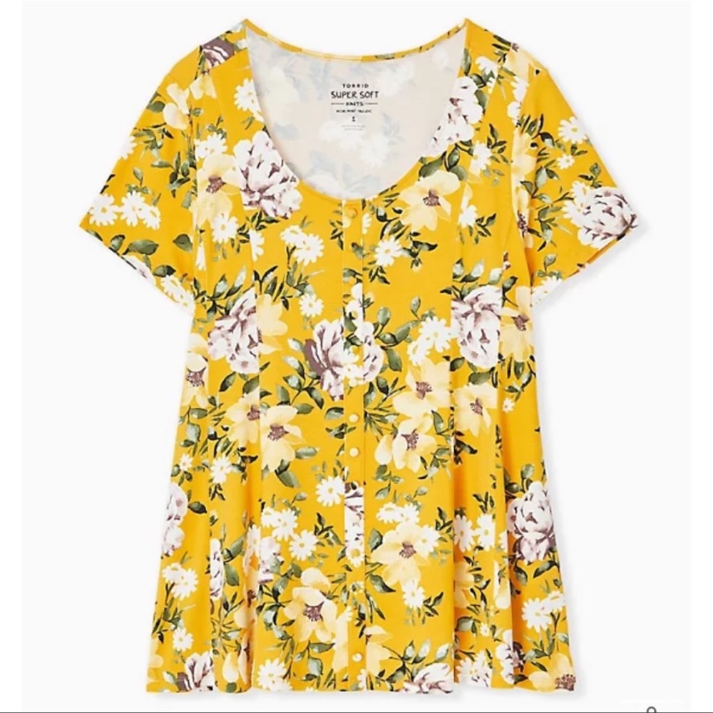 Torrid Super Soft Yellow Floral Faux Button Top
